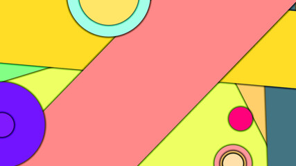 Abstract geometric colorful vector background in Material design style with concentric circles and rotated rectangles with shadows, imitating cut paper.
