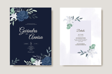  Elegant wedding invitation card with beautiful white navy blue  floral and leaves template Premium Vector