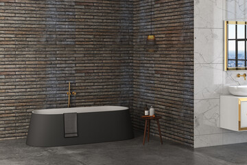 Fototapeta na wymiar A black-white bathtub standing on a concrete floor with dark brick background. 3d rendering 