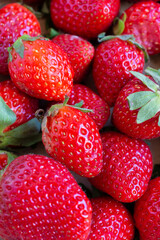 Close-up of several strawberries in a box, with selective focus, vertical