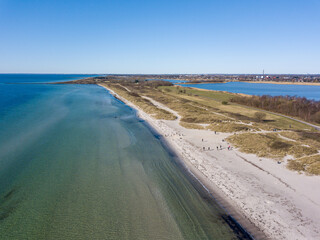 Ishoj, Denmark - March 21, 2020: Aerial drone view of the sand beach in Ishoj south of Copenhagen