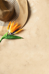 Summer holiday banner. Beach accessories : straw hat, palm leaves, pink sun glasses, flowers and...