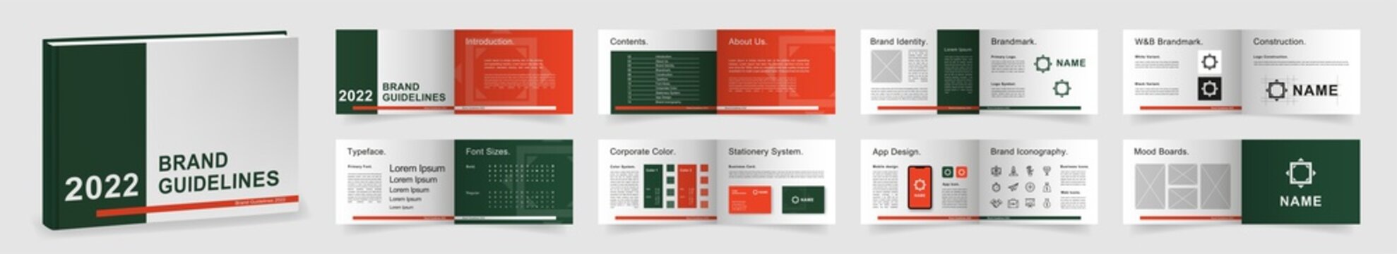 Multi-purpose Brand Guidelines template. Brand Manual presentation mockup. Dark Green Logo Guideline template. Logo Guide Book layout