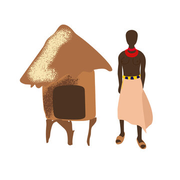 African people vector illustration. Black women in skirt and hut in Africa, poverty in world. Manual labor, agriculture, hunger in Africa. Life of african people.