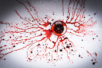 Crime scene with  dirty bathroom sink and blood splatters