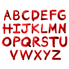 Bloody font. Letters drawn with real red paint looking like blood isolated on white background.