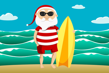 Santa Claus and surfboard. Vector illustration.