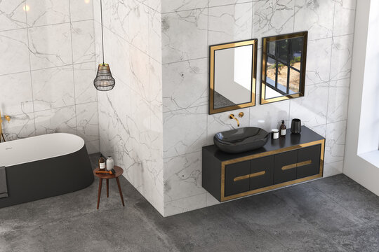Modern luxury bathroom, white marble walls, bathtub, concrete floor, indoor plants, side view. Beautiful room with modern furniture and window. 3d rendering
