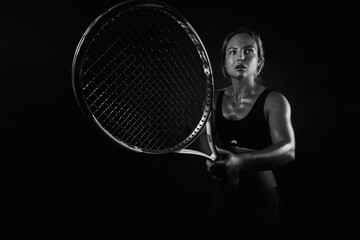 Young blonde girl athlete, sweating after tennis training