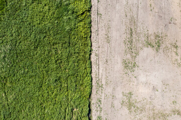 Drone view of field and lands, rural drone landscape, texture.