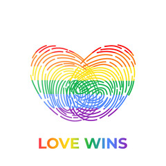 Conceptual logo with fingerprint rainbow heart. Simple flat icon with thumb stamp in LGBT flag colors. Symbol of support for gays and lesbians. Fingerprint sign for posters, flyers or prints