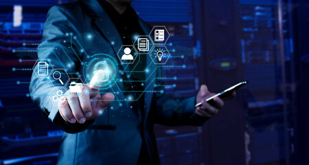 Data Protection Concept. Businessman touching the padlock. on the virtual screen in the digital world, data theft prevention, data safe, cyber security, privacy protection, internet networking.