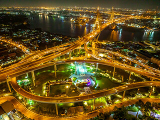 Fototapeta na wymiar Aerial view of Bhumibol Bridge in Samut Prakan, Bangkok, Thailand