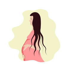 young pregnant girl in a flat style in a peach dress