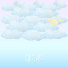 The blue sky has cloud and the sun are painted with watercolor on blue gradient background. The cloud is cartoon-style and looks cute.