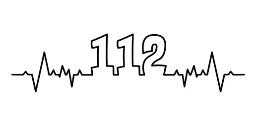 Cartoon heartbeat line pulse. In Case Of Emergency. Call 112. Helpline number Day. SOS symbool Safety first Medical logo Vector icon, symbol. Distress signal. Alarm, help location pincall phone. - obrazy, fototapety, plakaty