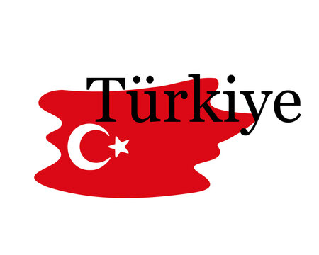 Turkey (Türkiye) is the new name of the country on the background of the flag. Flat Banner poster design. Translation from Turkish: Turkey. Vector illustration