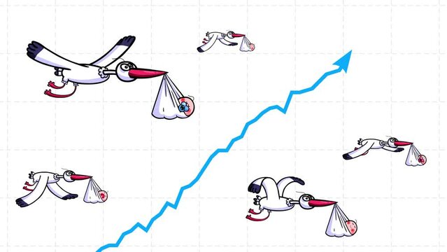 Arrow blue chart up diagram graph with flying cartoon storks. Stork bringing baby sleeping and sucking teat. Metaphor of baby population boom.