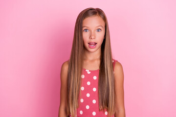 Photo of astonished impressed young girl open mouth stare speechless isolated on pink color...