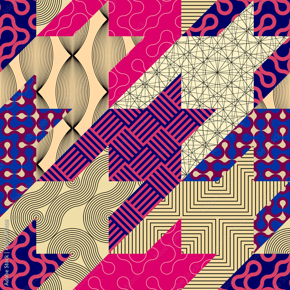 Poster geometric collage in retro patchwork geometric style. vector image