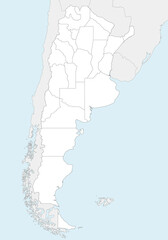 Vector blank map of Argentina with provinces or federated states and administrative divisions, and neighbouring countries and territories. Editable and clearly labeled layers.