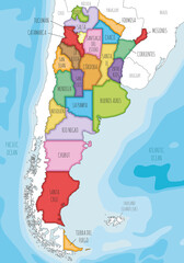 Vector illustrated map of Argentina with provinces or federated states and administrative divisions, and neighbouring countries and territories. Editable and clearly labeled layers.