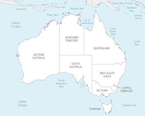Fototapeta premium Vector map of Australia with regions and administrative divisions, and neighbouring countries and territories. Editable and clearly labeled layers.