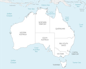 Vector map of Australia with regions and administrative divisions, and neighbouring countries and territories. Editable and clearly labeled layers.