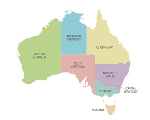 Vector map of Australia with regions or territories and administrative divisions. Editable and clearly labeled layers.