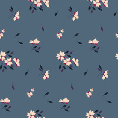 Seamless pattern with small sparse plants on a blue background. Vintage floral print, feminine botanical design with rustic tiny flowers, leaves. Vector illustration.