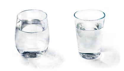Watercolor set with two glasses of water. Realistic painting with kitchen items isolated on white. Clear fresh water in transparent cup