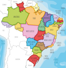 Vector illustrated map of Brazil with states and administrative divisions, and neighbouring countries and territories. Editable and clearly labeled layers.