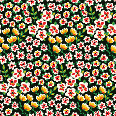 Seamless pattern with graphic summer meadow, decorative plants on green field. Retro style floral print, botanical background with small wild flowers, leaves, herbs. Vector illustration.