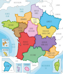 Vector illustrated map of France with regions and territories and administrative divisions, and neighbouring countries. Editable and clearly labeled layers.