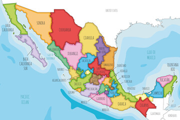 Vector illustrated map of Mexico with regions or states and administrative divisions, and neighbouring countries. Editable and clearly labeled layers.