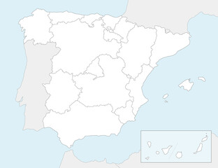Vector blank map of Spain with regions and territories and administrative divisions, and neighbouring countries. Editable and clearly labeled layers. - obrazy, fototapety, plakaty