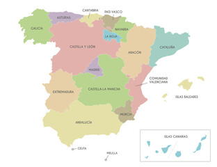 Vector map of Spain with regions and territories and administrative divisions. Editable and clearly labeled layers.