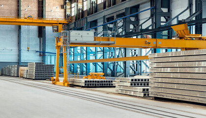 industrial factory for production of floor slabs stacked in pile in workshop with automated equipment and overhead yellow crane beam, warehouse of prefabricated reinforced concrete structures.