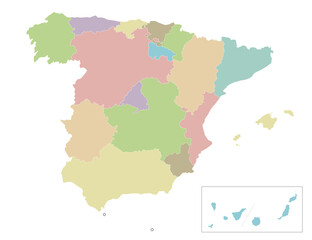 Vector blank map of Spain with regions and territories and administrative divisions. Editable and clearly labeled layers.