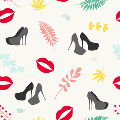 Seamless pattern Red lipstick kiss and cannabis leaves. Vector illustration for design. Fashion print.