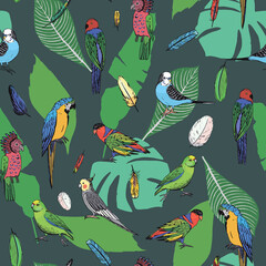 Parrot tropical bird with leaves vector seamless pattern