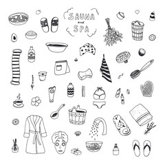 Bathroom sauna and spa objects vector line illustrations set