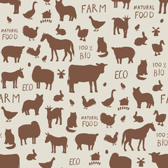 Farm animals vector seamless silhouette pattern