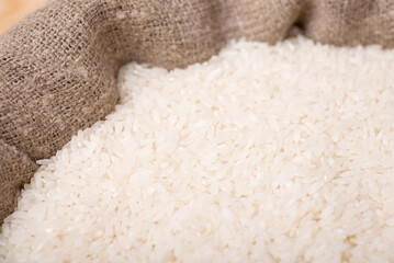 Rice in sack. Grain of rice after harvest