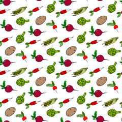 Vector seamless pattern with vegetables. Radishes, potatoes, corn, beets, artichoke hand-drawn, doodle style, isolated on white background. Healthy nutrition, natur products.