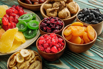 set of various dried fruits on a wooden rustic background