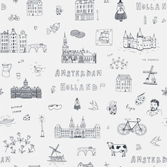 Amsterdam Holland travel vector seamless pattern