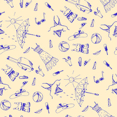 Vector seamless pattern with symbols of summer, doodle style, hand-drawn things. Umbrella, sundress, sunblock, sunglasses, hat, T-shirt, suitcase, cartoon sun with hands isolated on white.