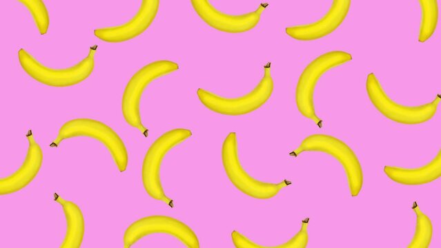 Abstract colorful animation - bananas moving at pink color background. Seamless loop animation.