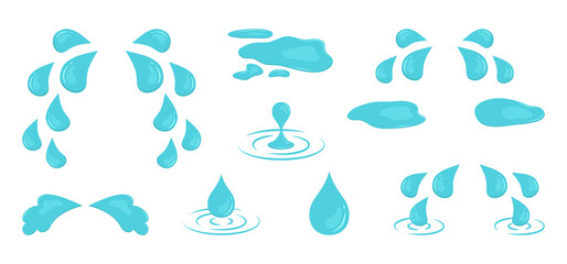 Tear and water vector icon, cartoon puddle, cry drop, blue rain stream isolated on white background. Aqua illustration